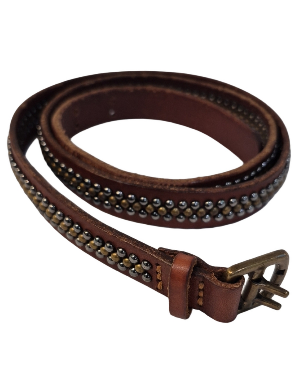 Vintage GAP Brown Genuine Leather Studded Belt with Brass & Silver-Tone Accents